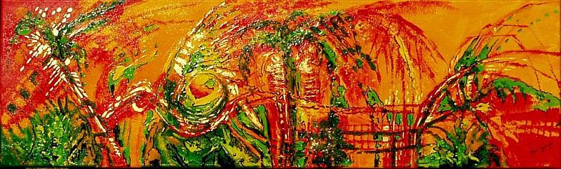 "Feuerpalmen" Acryl+Blattgold 30x100cm